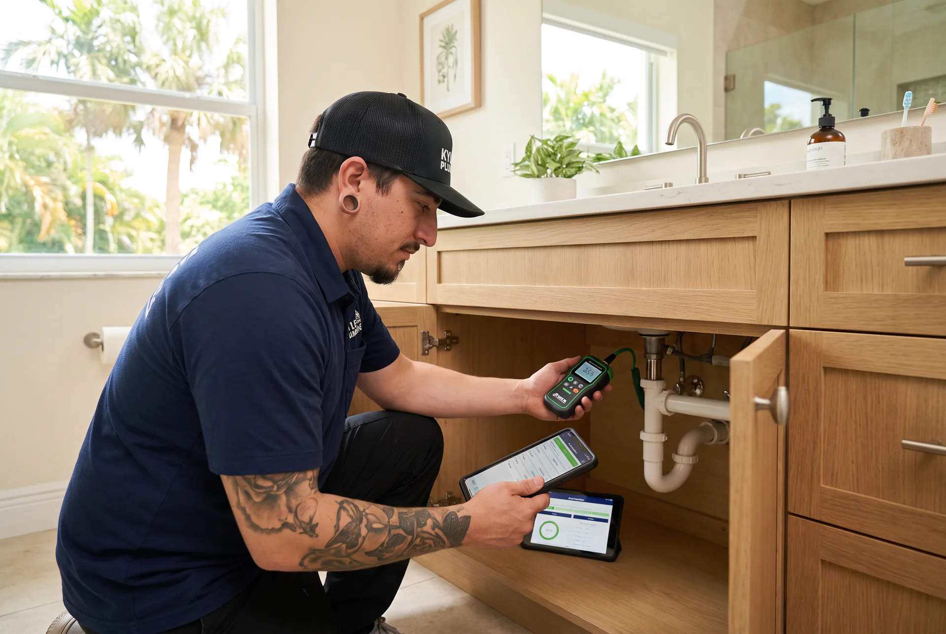 Kyle Plumbing technician running diagnostics under a bathroom vanity during a Kyle Club annual visit