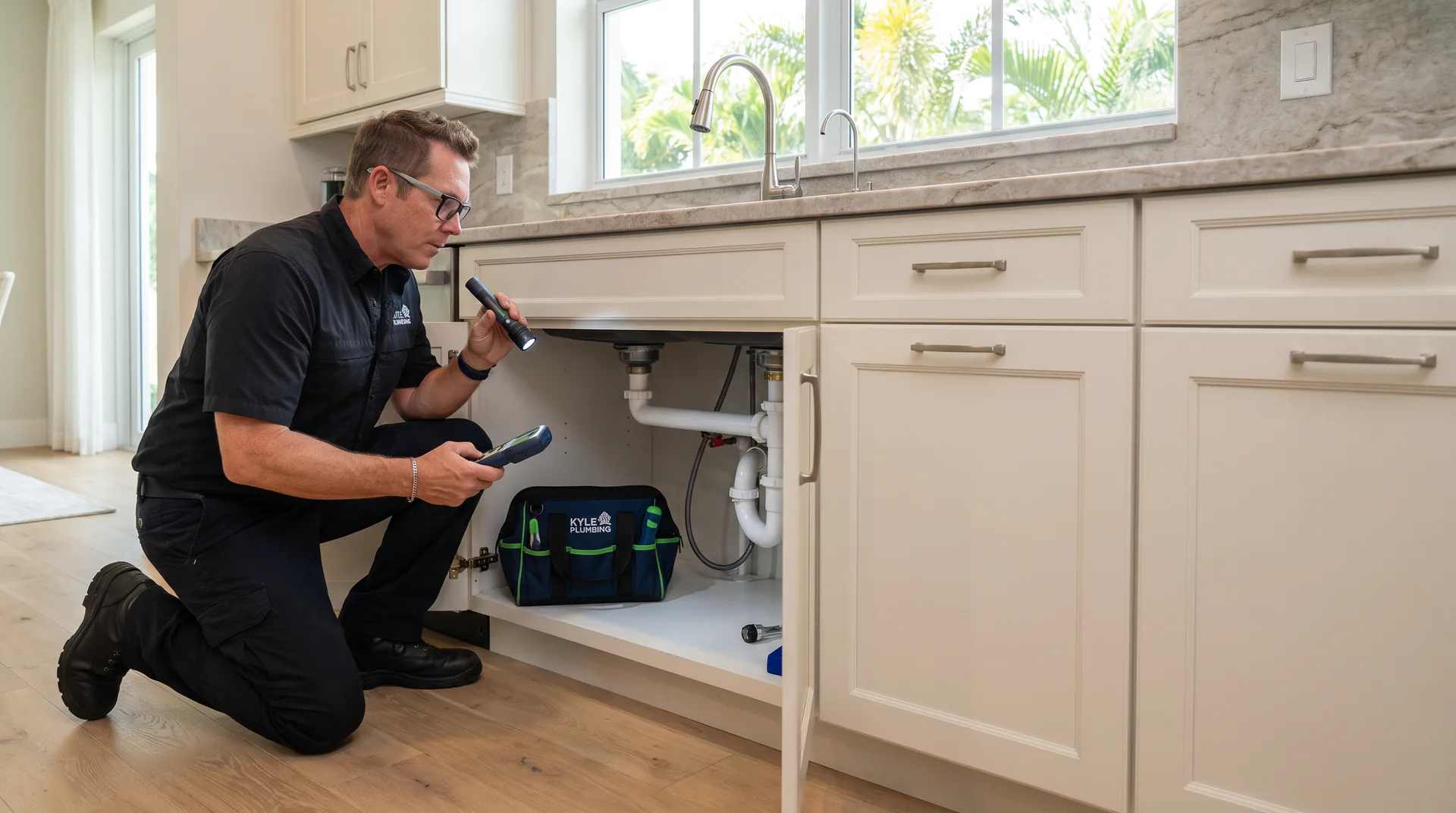 Kyle Plumbing technician inspecting under a kitchen sink during an annual maintenance visit