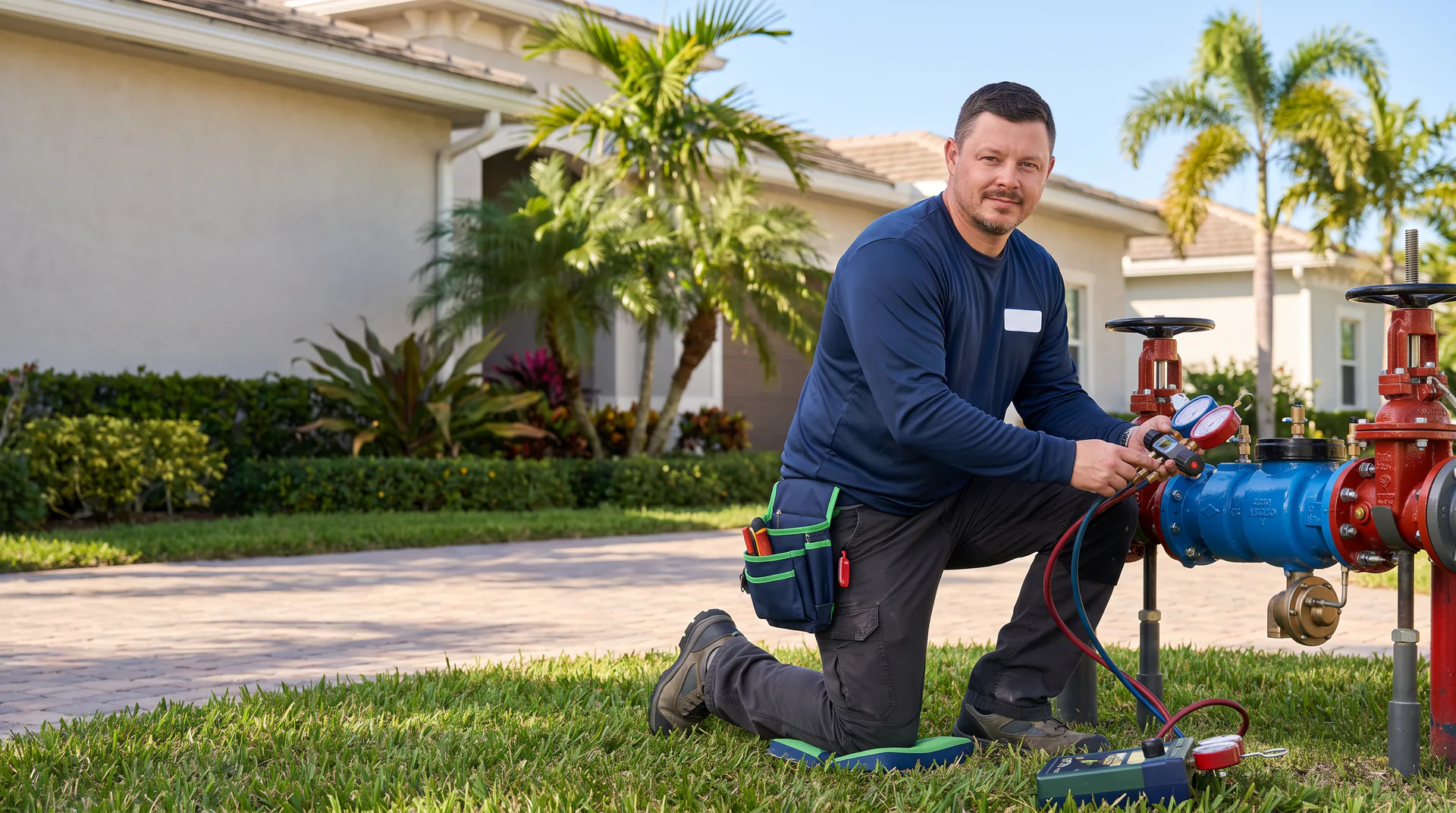 Certified Kyle Plumbing tester running gauge tests on a residential backflow preventer