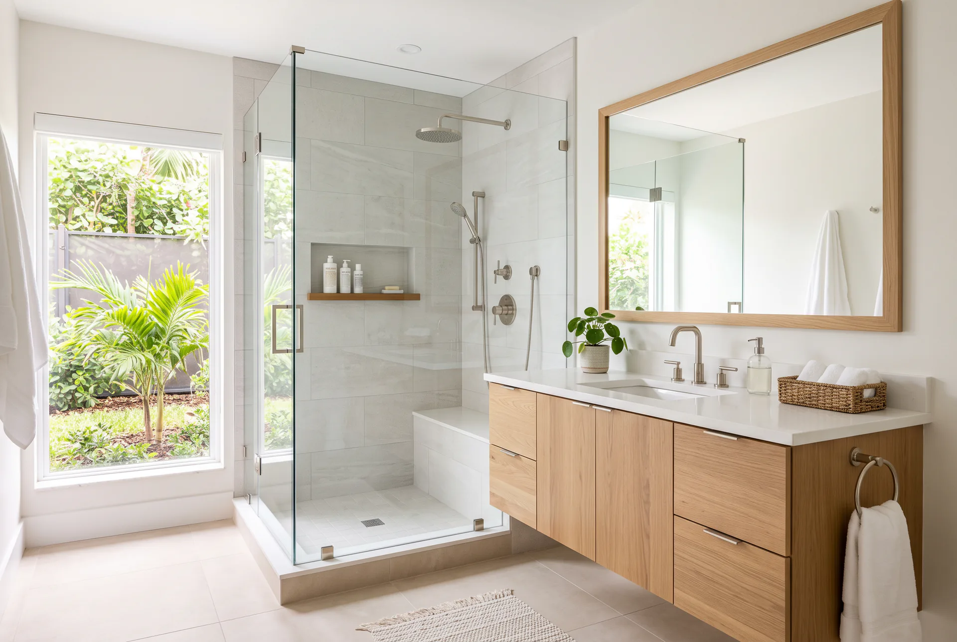A finished bathroom remodel with a glass walk-in shower and floating oak vanity