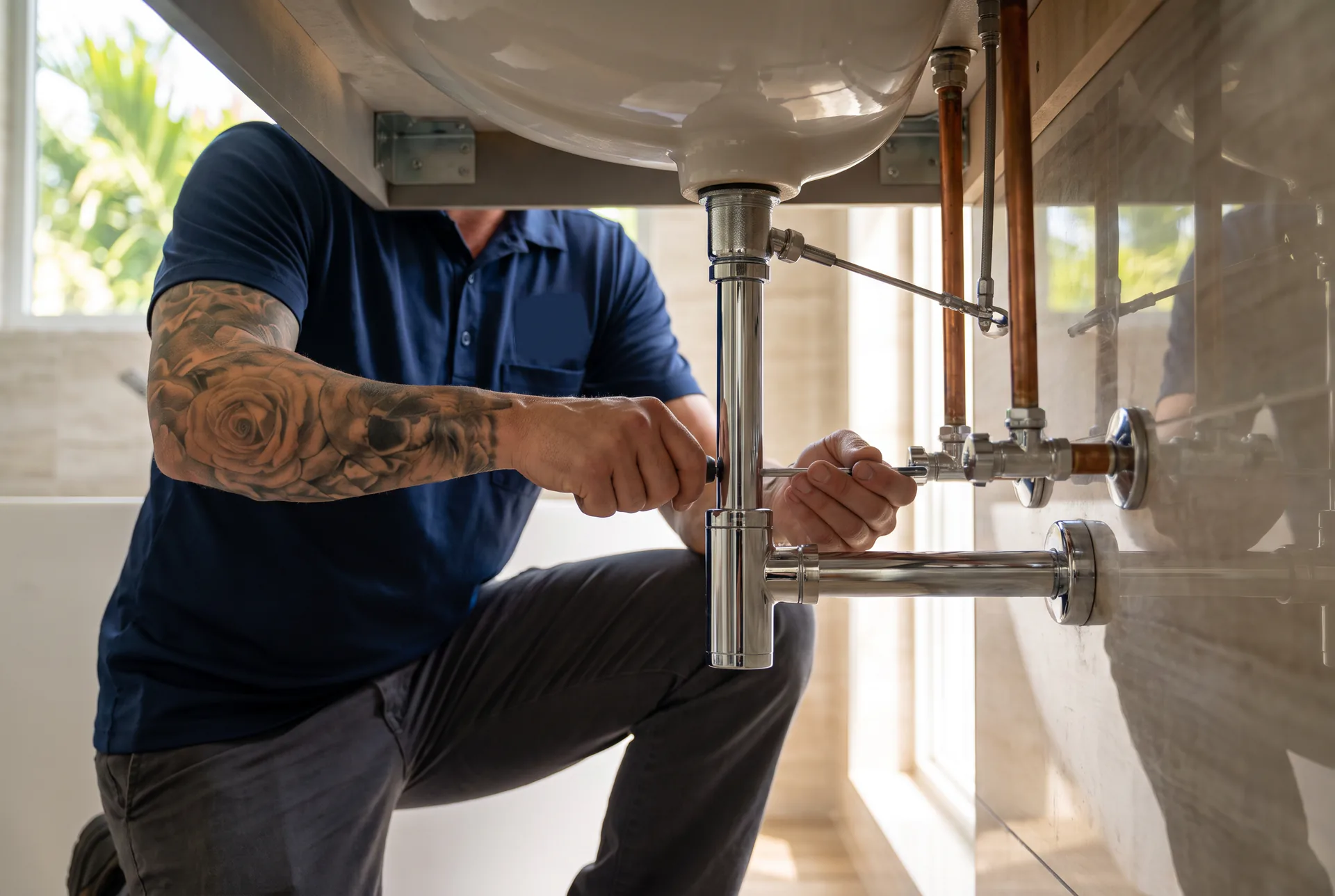 Kyle Plumbing technician carefully servicing bathroom sink plumbing in a South Florida home