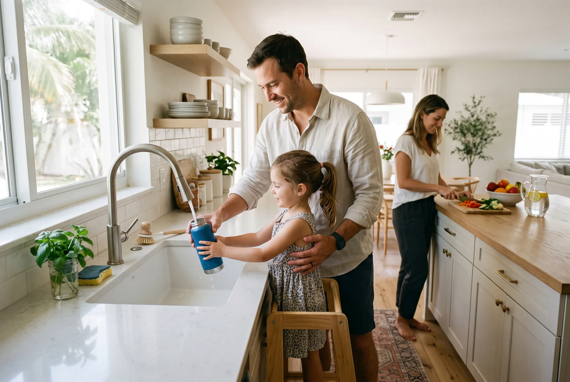 A family filling a water bottle at the kitchen sink after a whole-home filtration install