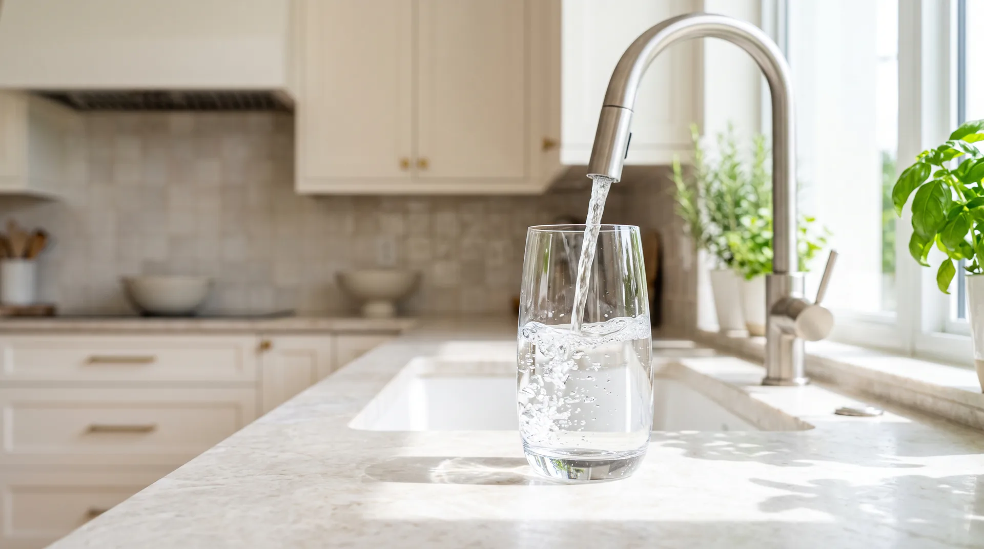 Glass being filled with clear water at a bright South Florida kitchen faucet