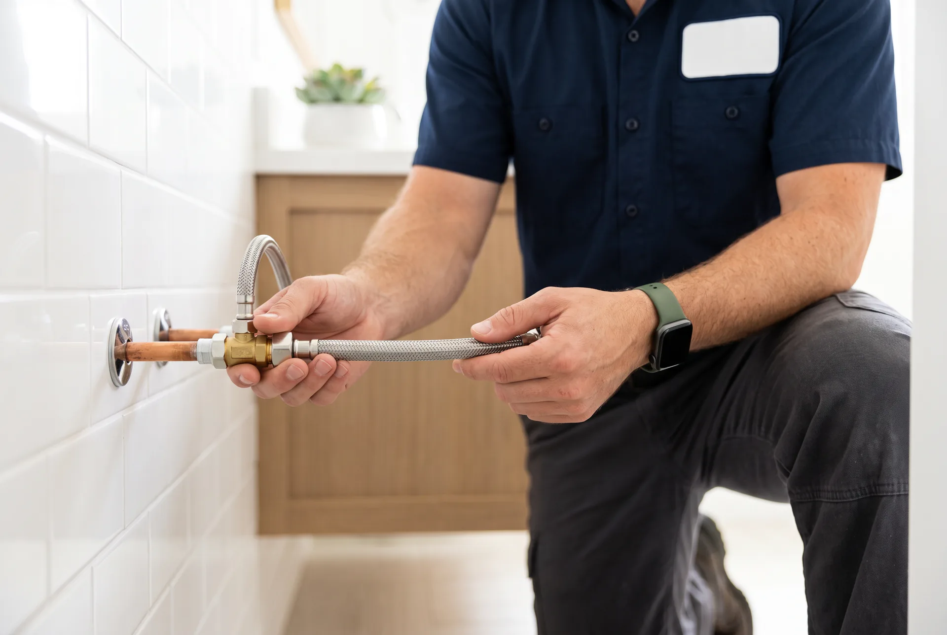 Kyle Plumbing technician connecting a braided supply line to a new quarter-turn shutoff valve