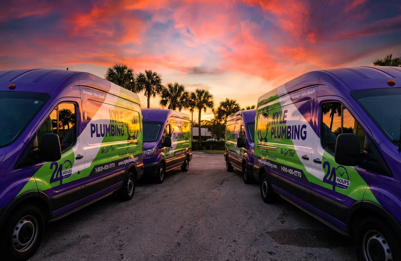 Kyle Plumbing service vans lined up at sunset, ready for the next day across Broward and Palm Beach County