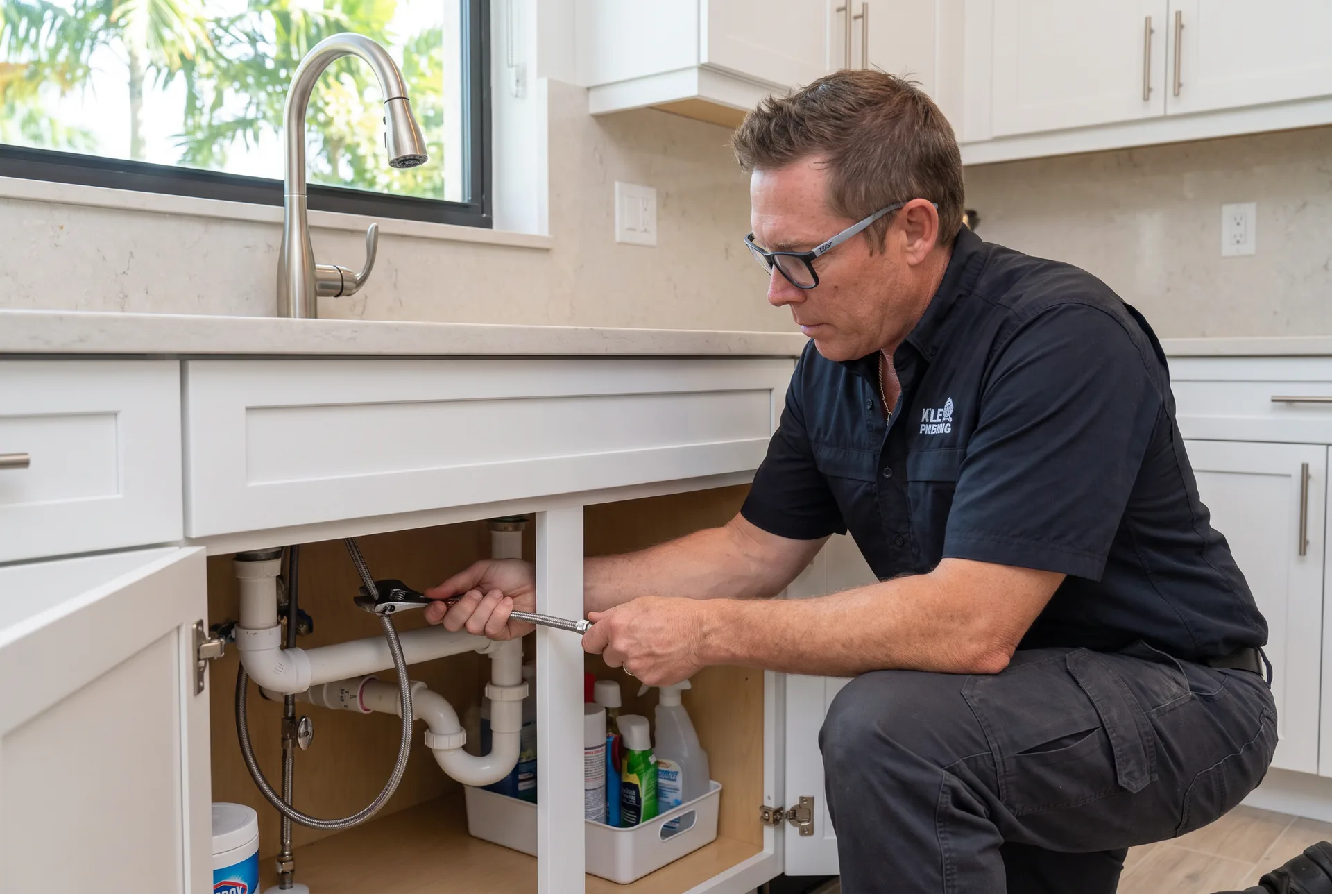 Kyle Plumbing technician fitting supply lines beneath a remodeled kitchen sink