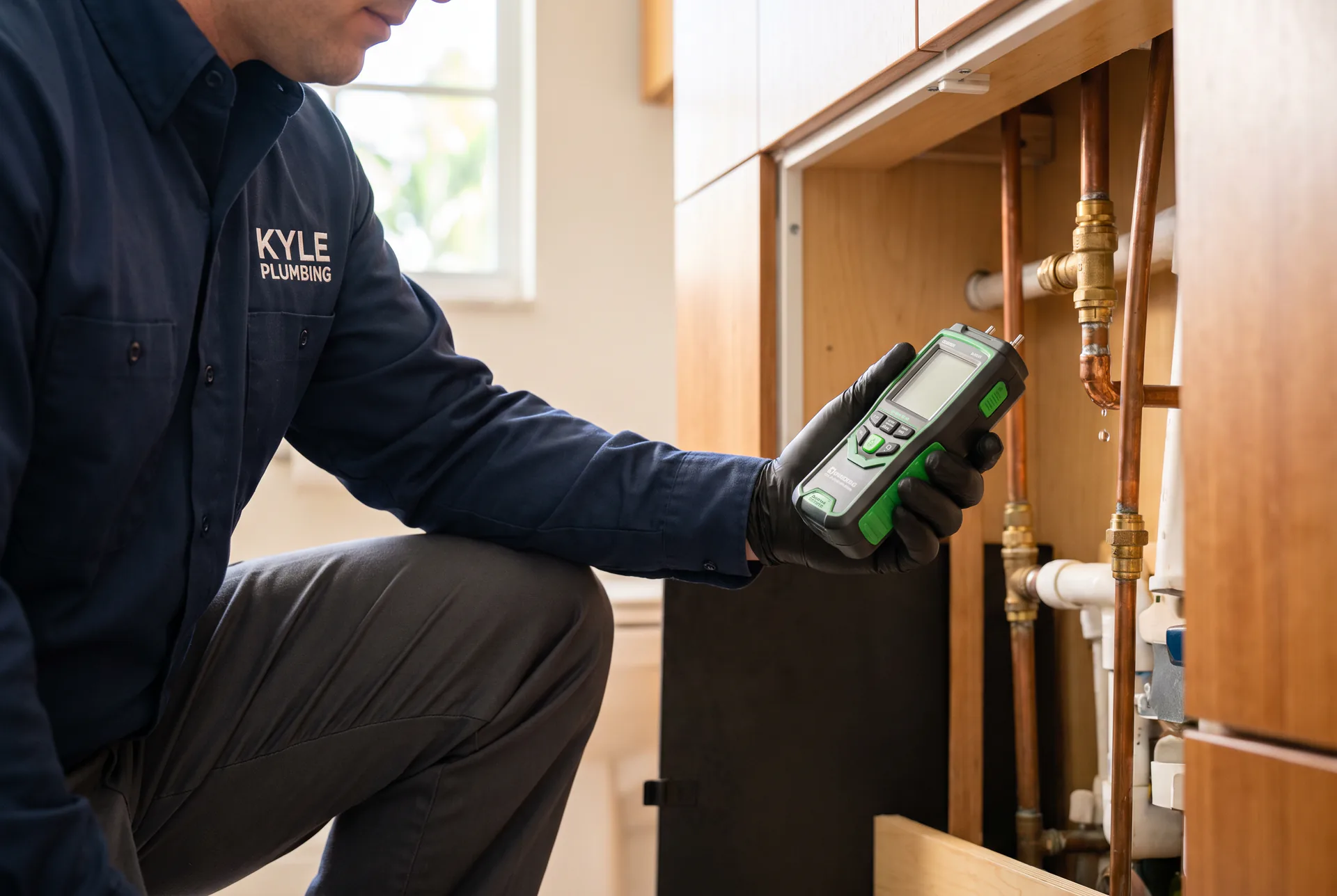 Kyle Plumbing technician using a moisture meter to pinpoint a hidden leak at copper supply lines
