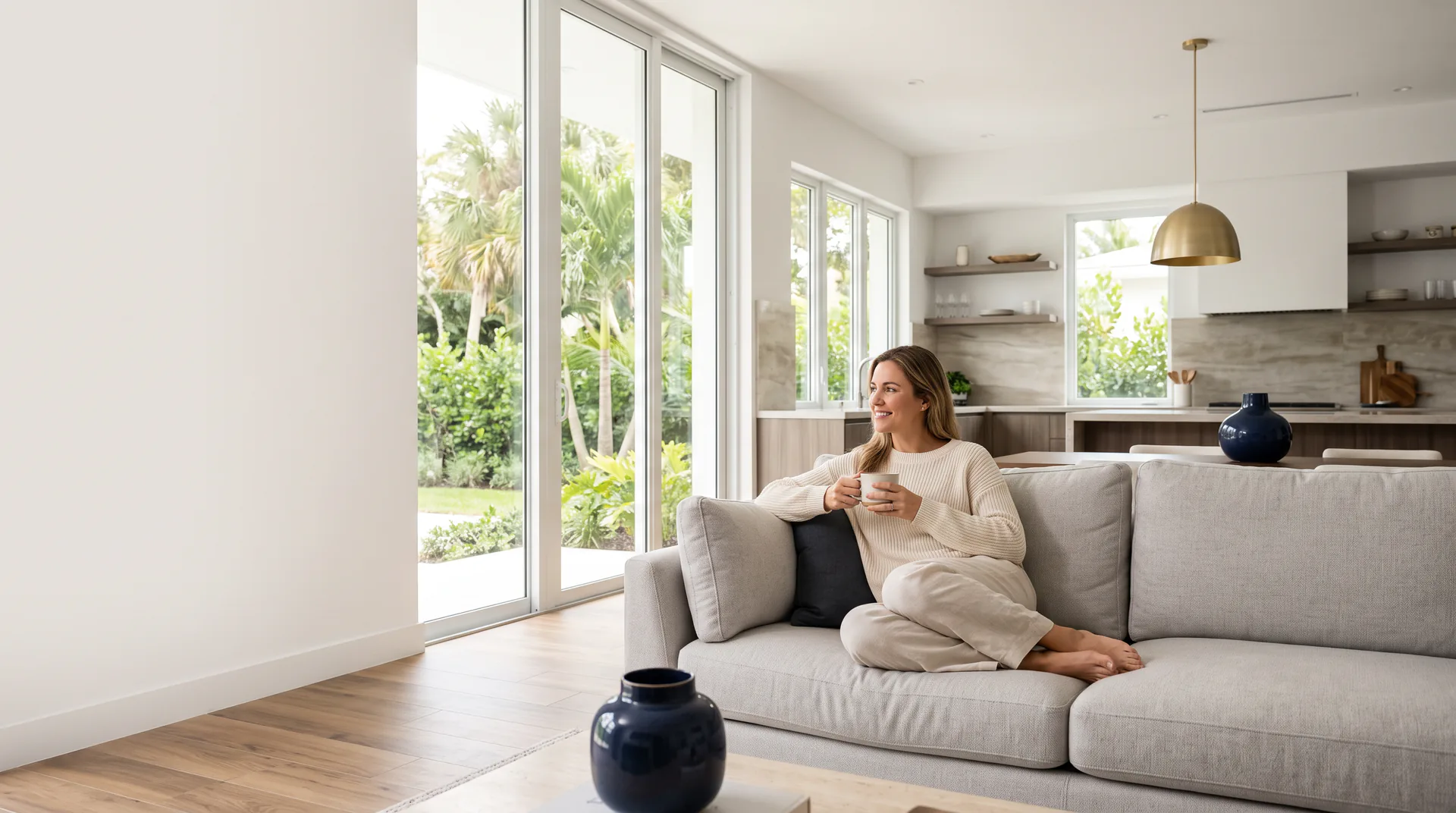 A homeowner relaxing with a coffee in a bright South Florida living room, plumbing worries handled