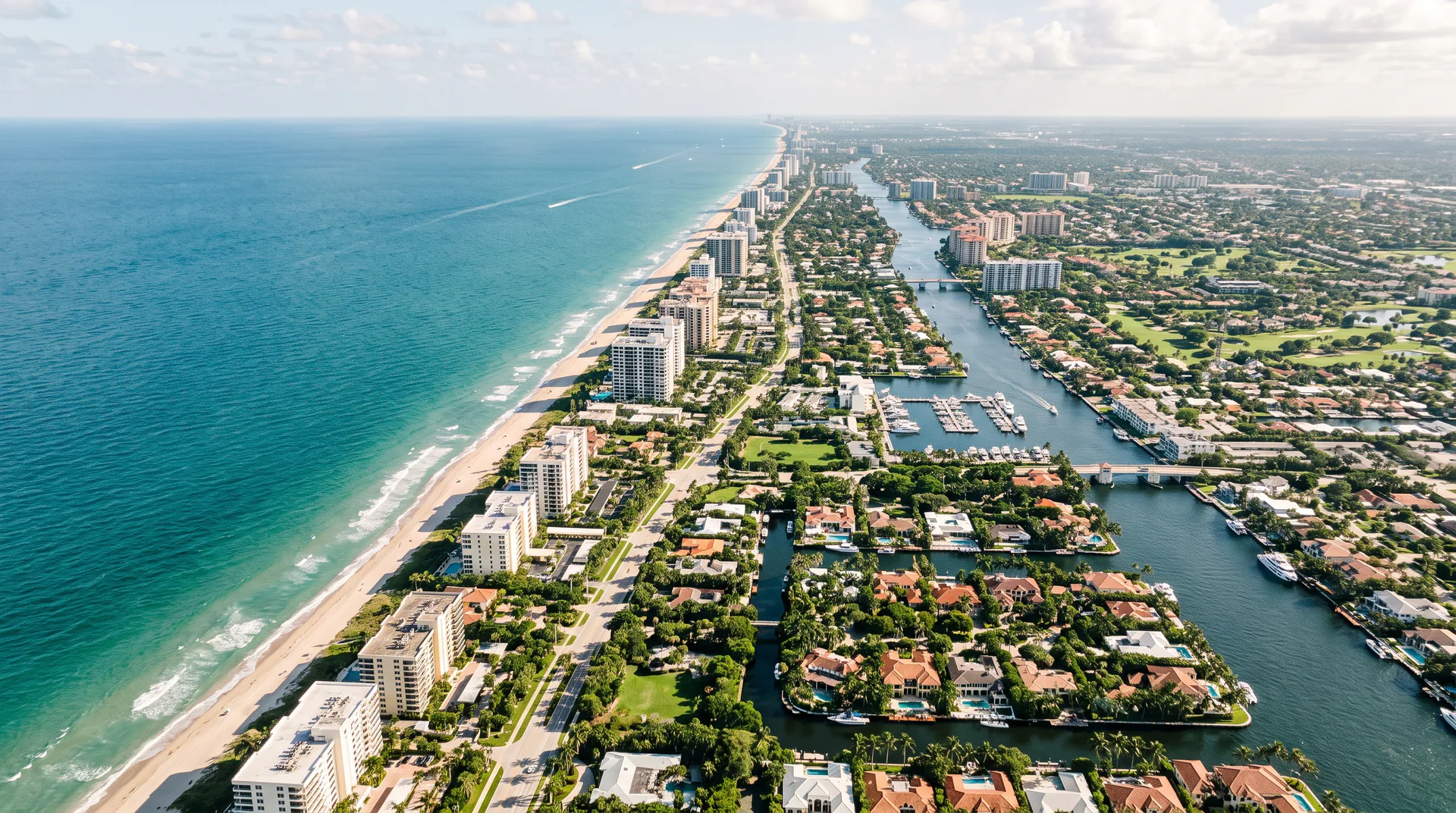Aerial view of the South Florida coastline, beaches, and Intracoastal neighborhoods that Kyle Plumbing serves