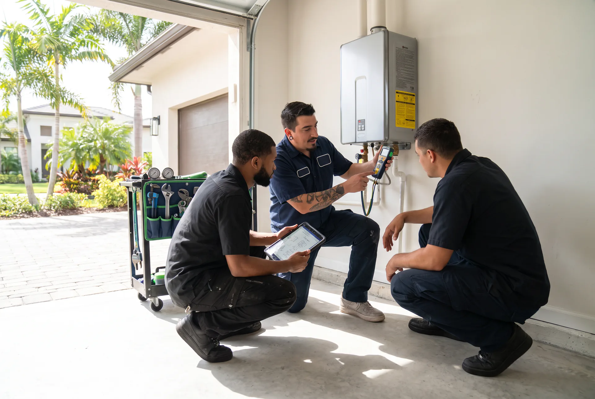 Rinnai-trained Kyle Plumbing technicians commissioning a wall-mounted tankless water heater