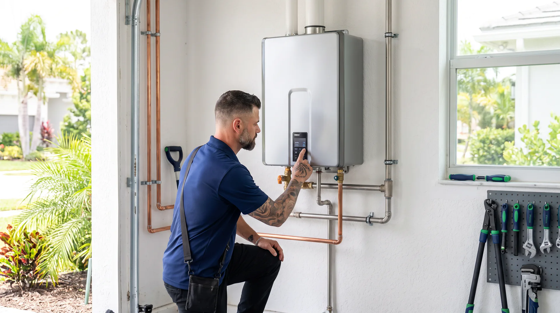 Kyle Plumbing technician dialing in a wall-mounted tankless water heater