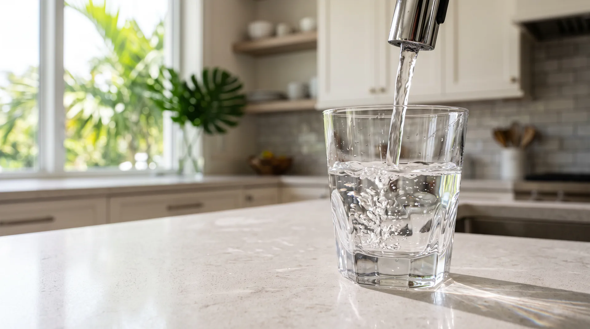 A glass filling with tap water at a kitchen island — the water story behind every South Florida ZIP code