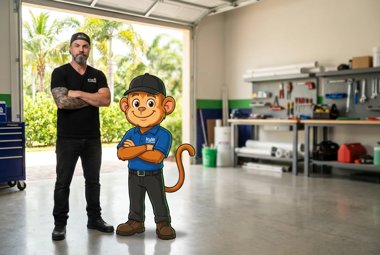 A Kyle Plumbing team member in the shop alongside Kyle, the company's monkey mascot